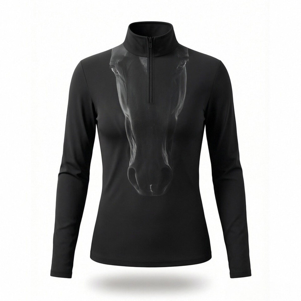 Black equestrian ghost horse portrait art print long sleeve zip top, front view slim fit riding top
