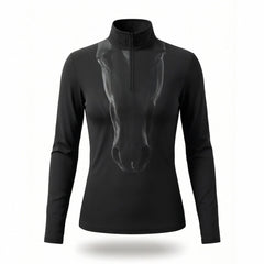 Black equestrian ghost horse portrait art print long sleeve zip top, front view slim fit riding top