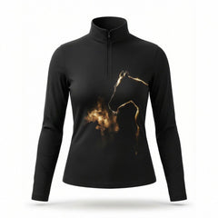 Black equestrian golden smoke horse silhouette art print long sleeve zip top, front view slim fit riding top