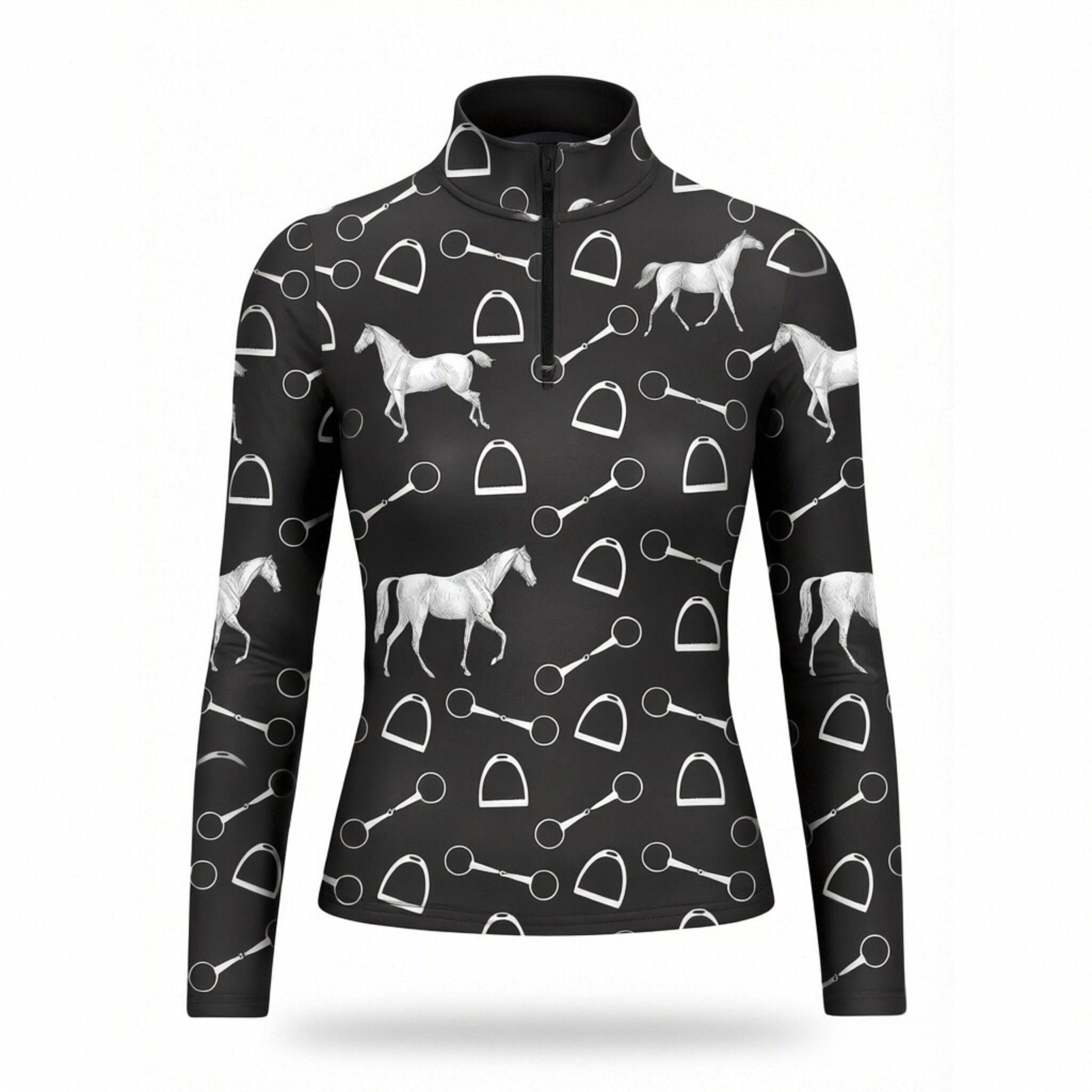 Black equestrian silver horse and tack art print long sleeve zip top, front view slim fit riding top