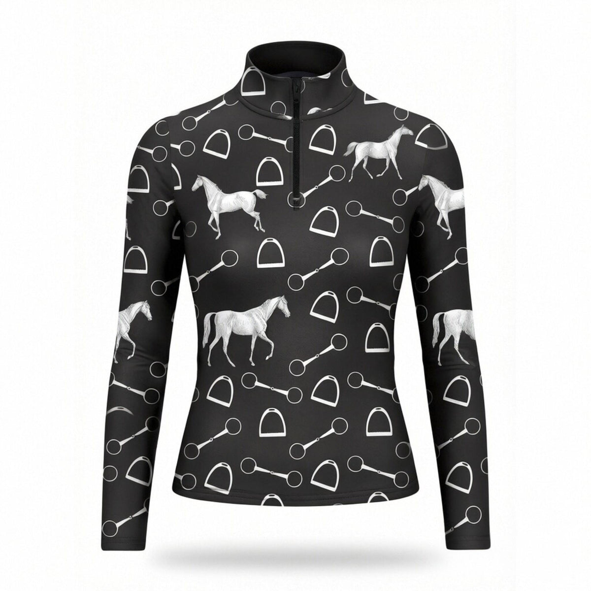 Black equestrian silver horse and tack art print long sleeve zip top, front view slim fit riding top