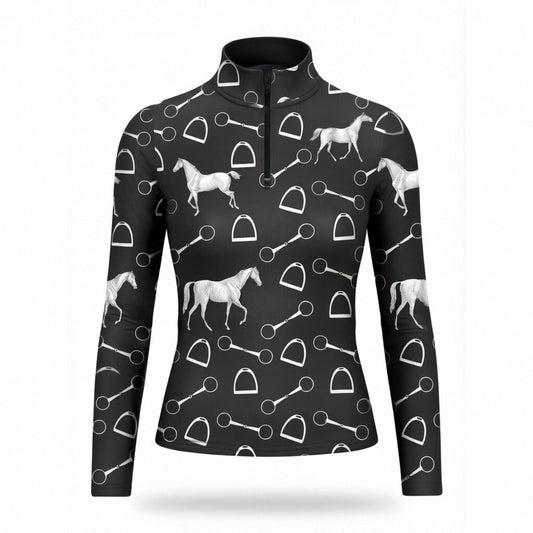Black equestrian silver horse and tack art print long sleeve zip top, front view slim fit riding top