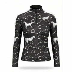 Black equestrian silver horse and tack art print long sleeve zip top, front view slim fit riding top
