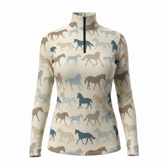 Cream equestrian wild herd silhouette art print long sleeve zip top, front view slim fit riding top