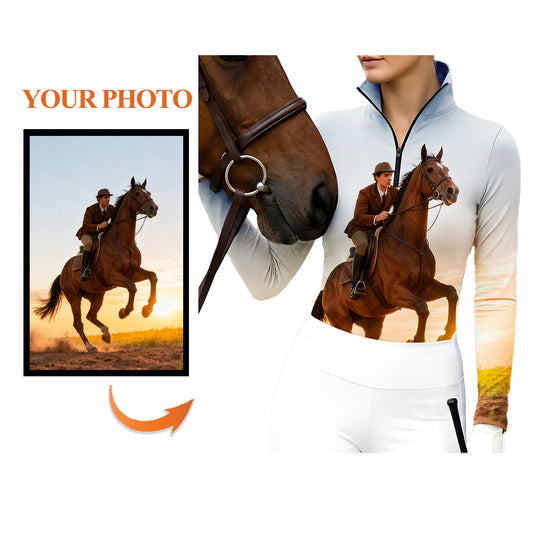 Light blue gradient custom photo equestrian quarter-zip riding top with rider on galloping horse print, showing photo upload customization