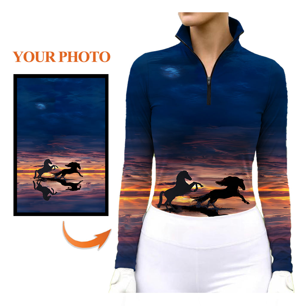 Navy blue custom photo equestrian quarter-zip riding top with sunset horse silhouette print, showing photo upload customization