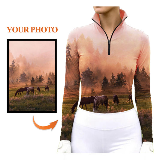 Peach custom photo equestrian quarter-zip riding top with misty forest grazing horse print, showing photo upload customization