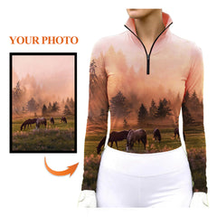 Peach custom photo equestrian quarter-zip riding top with misty forest grazing horse print, showing photo upload customization