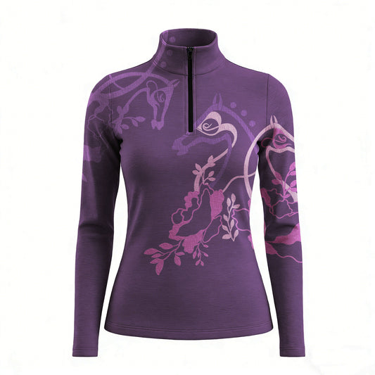 RIDER ATELIER floral horse silhouette plum quarter-zip top on white background, front view