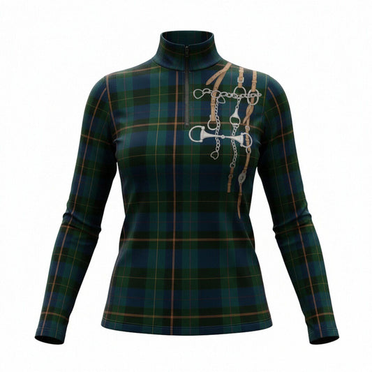 Front view of green plaid equestrian tack bouquet print quarter-zip riding top, isolated on white background