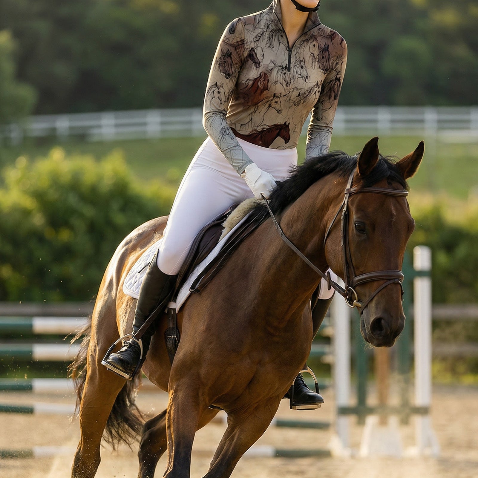 Woman riding chestnut horse in show jumping arena wearing beige horse sketch allover print equestrian quarter-zip top