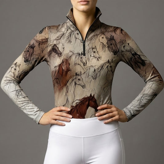 Front view of woman in beige horse sketch allover print equestrian quarter-zip top with white riding breeches, studio shot