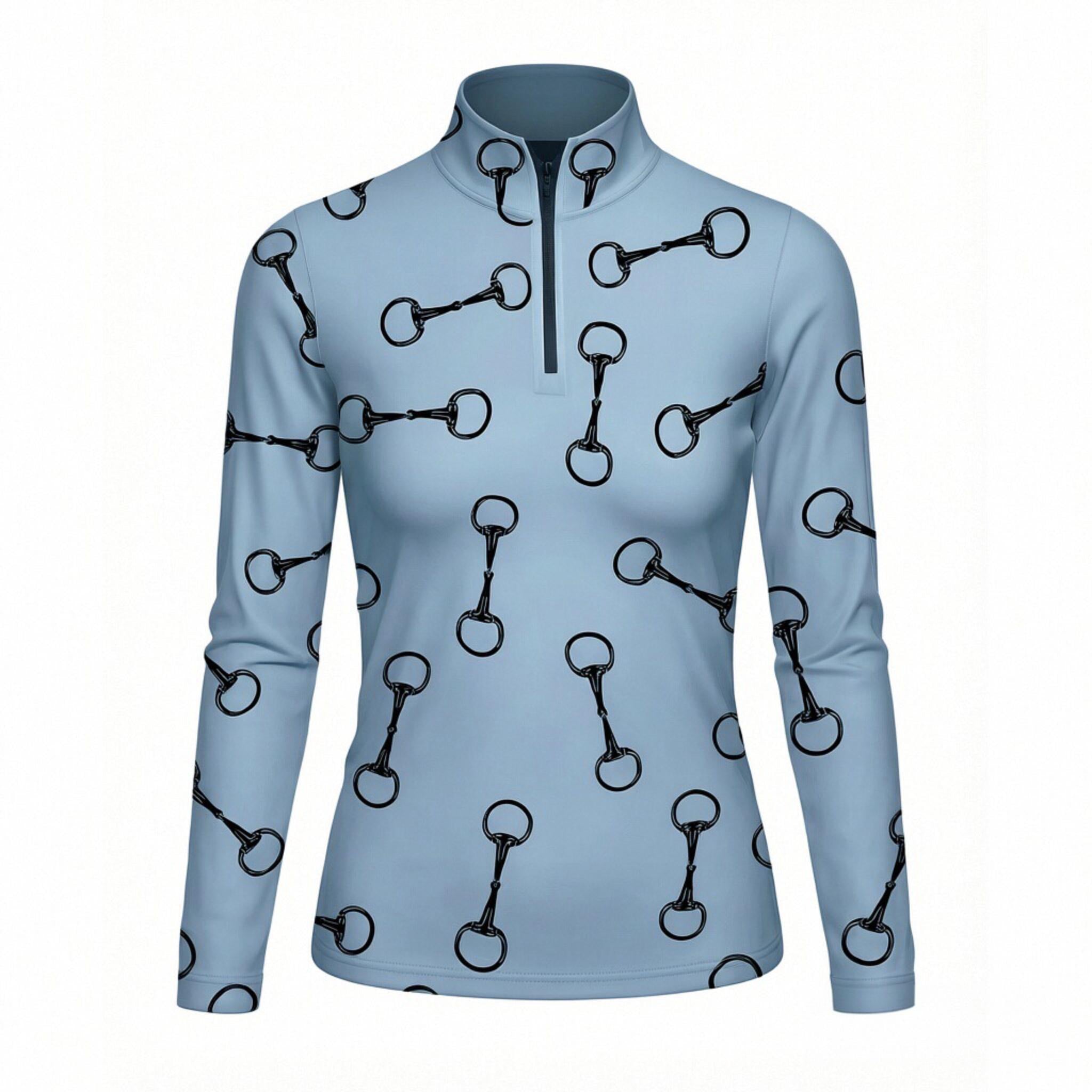 Light blue equestrian bit silhouette art print long sleeve zip top, front view slim fit riding top
