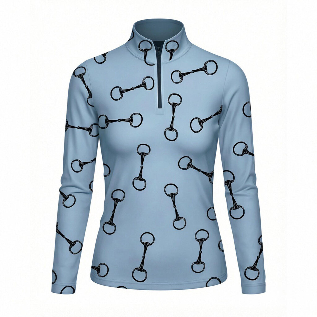 Light blue equestrian bit silhouette art print long sleeve zip top, front view slim fit riding top