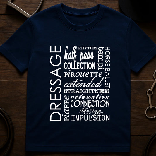 Navy dressage terminology word cloud print cotton t-shirt, front view equestrian ballet tee