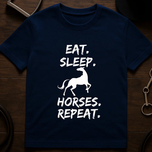 Navy equestrian "Eat Sleep Horses Repeat" print cotton t-shirt, front view casual horse tee
