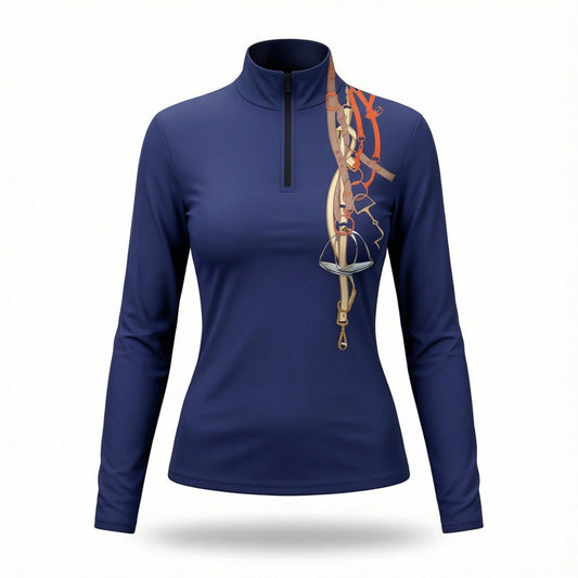 Navy equestrian tack bouquet print quarter-zip riding top, front view studio product shot for RiderAtelier