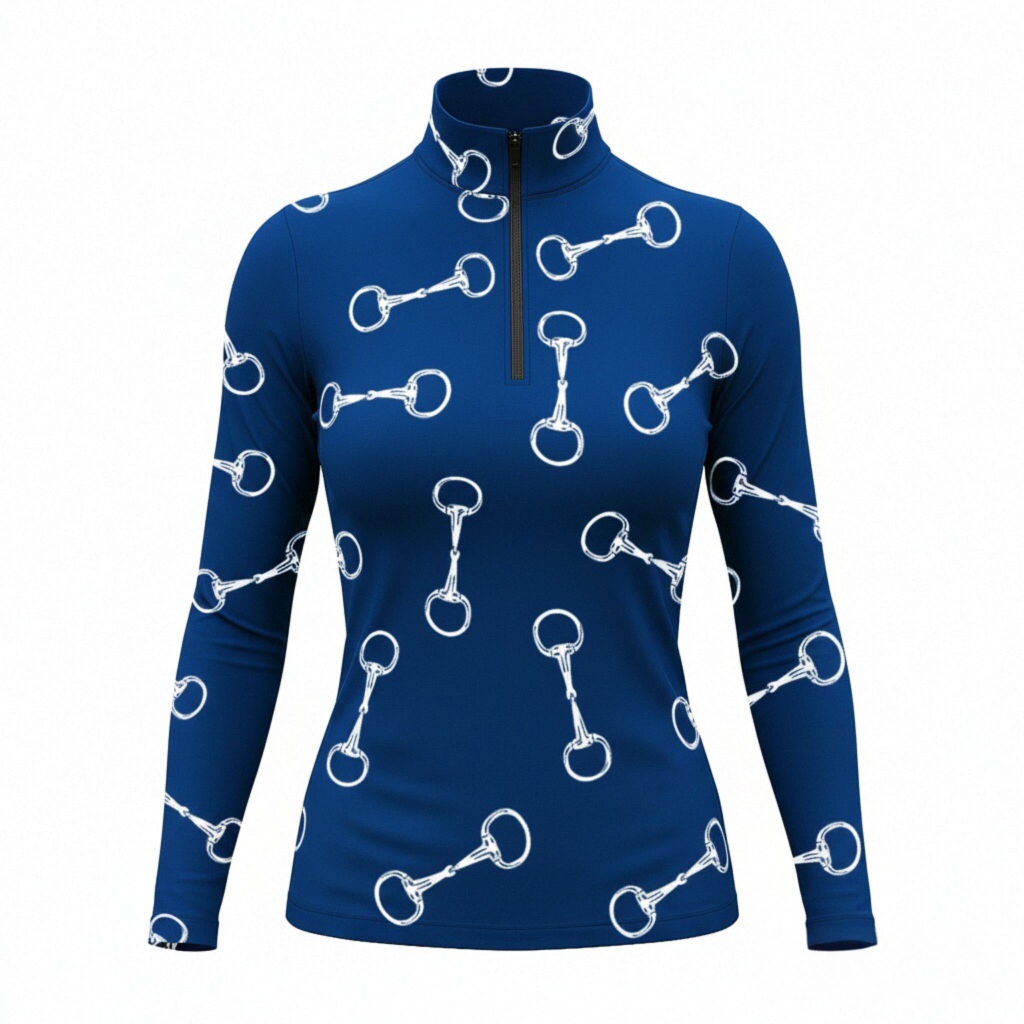 Navy blue equestrian white snaffle bit allover print quarter-zip riding top, front view isolated on white background