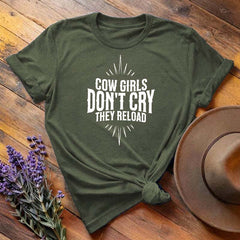 Olive green "Cow Girls Don't Cry They Reload" western equestrian t-shirt, flat lay on wooden background