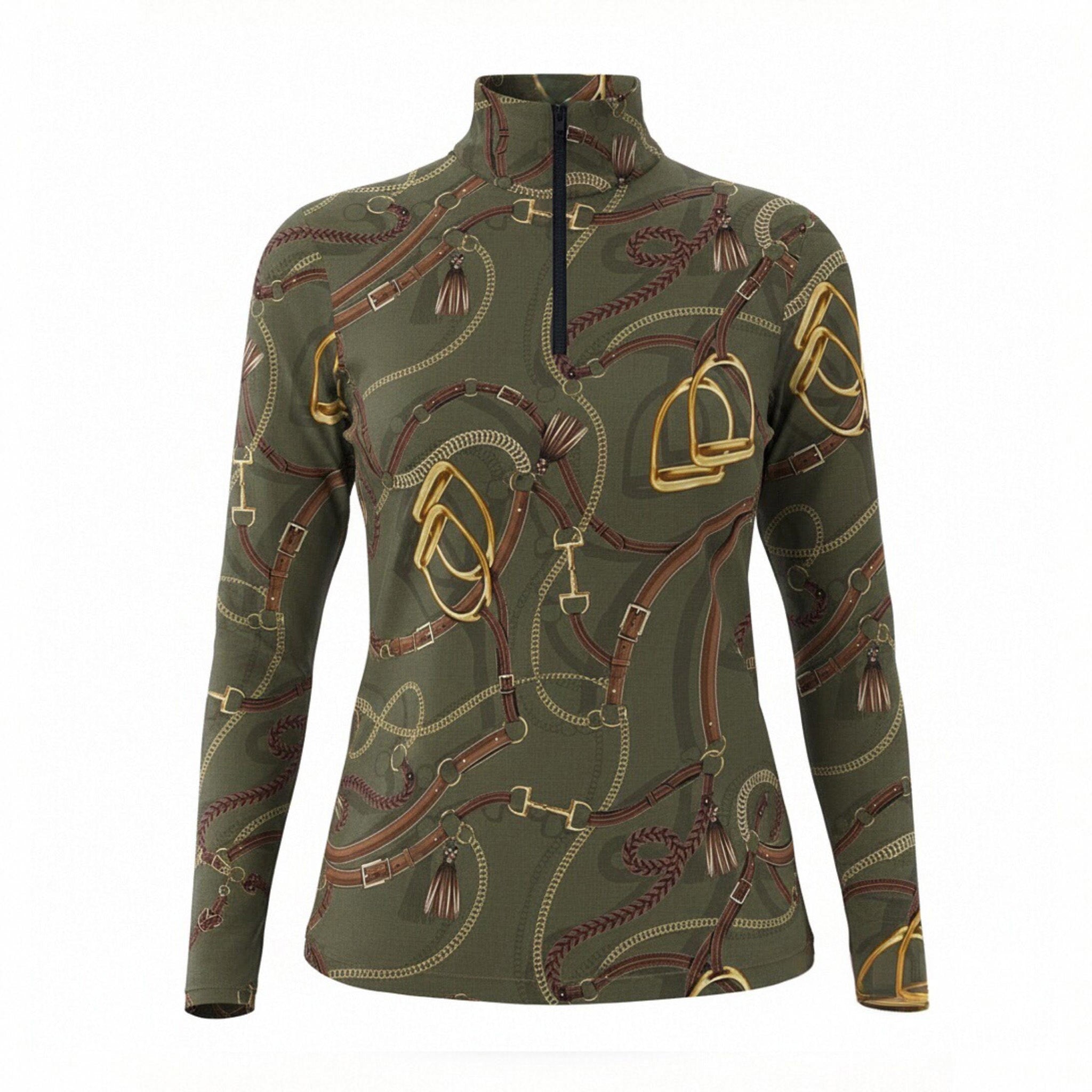 Olive equestrian tack and tassel art print long sleeve zip top, front view slim fit riding top