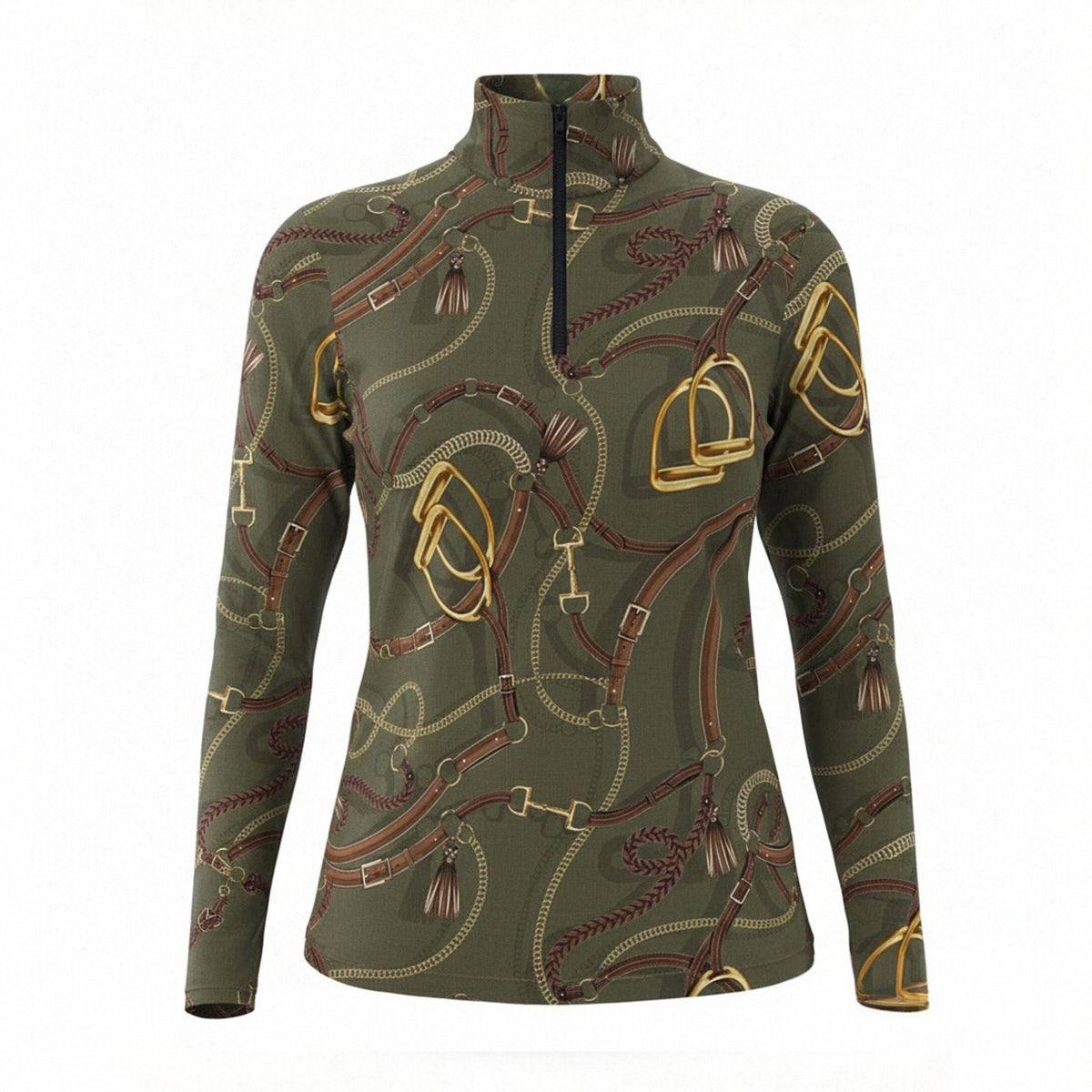 Olive equestrian tack and tassel art print long sleeve zip top, front view slim fit riding top