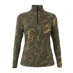 Olive equestrian tack and tassel art print long sleeve zip top, front view slim fit riding top
