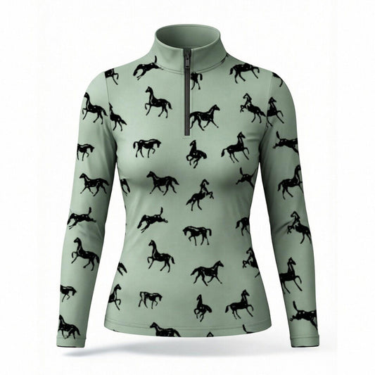 Sage green equestrian allover print quarter-zip riding top with black horse silhouette print, front view isolated on white background