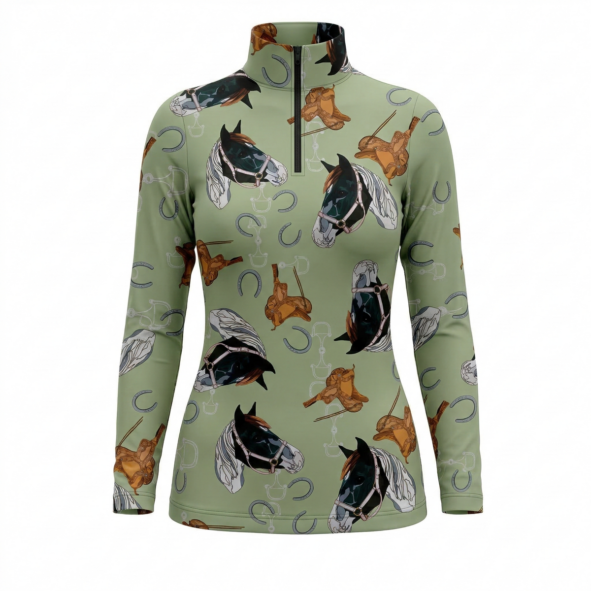Sage green western horse & saddle equestrian quarter-zip top, front view isolated on white background