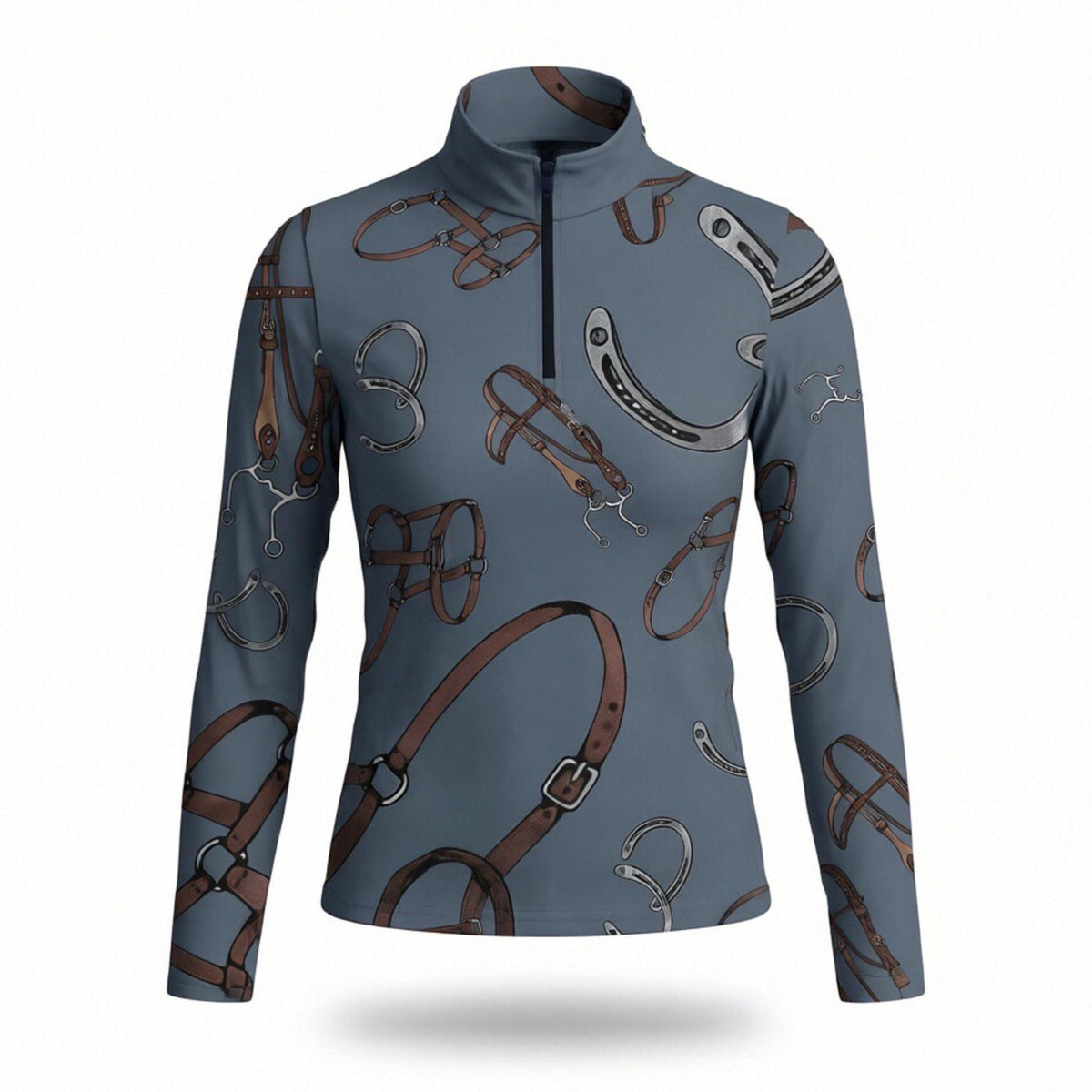 Slate blue equestrian bridle and horseshoe art print long sleeve zip top, front view slim fit riding top