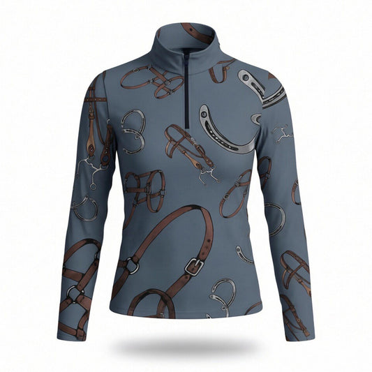 Slate blue equestrian bridle and horseshoe art print long sleeve zip top, front view slim fit riding top