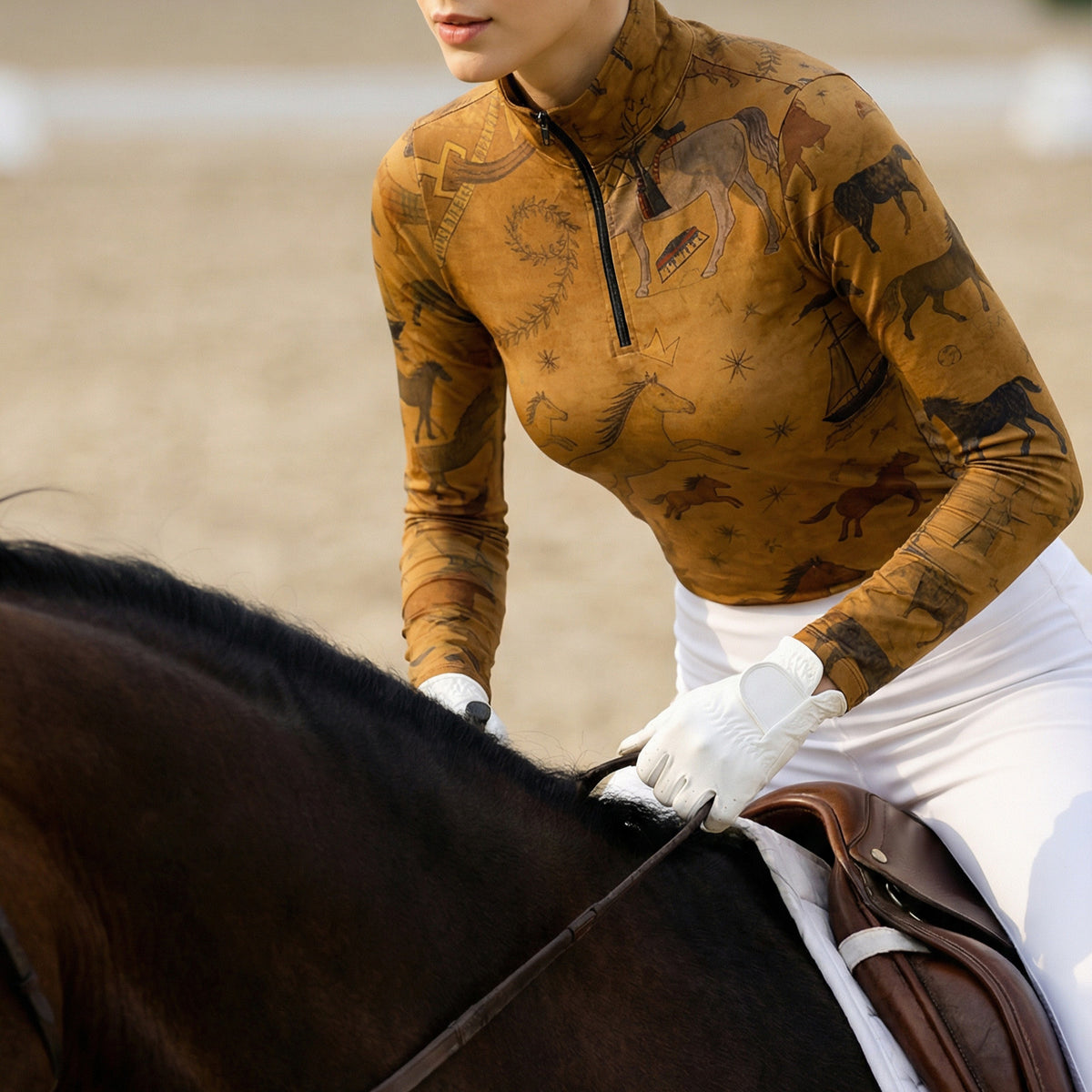 Top Riding Stock Women's Tan 1/4 Zip Equestrian Top with Vintage Horse & Map Allover ...