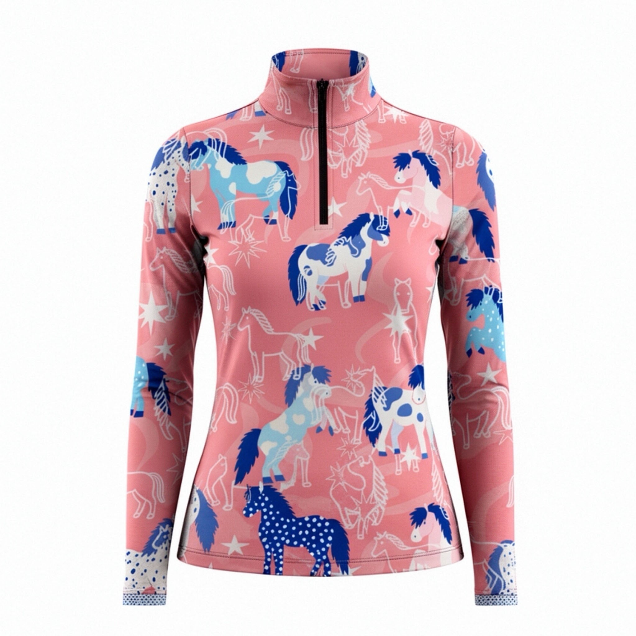 RIDER ATELIER whimsical pastel pony blush pink equestrian quarter-zip top on white background