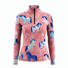 RIDER ATELIER whimsical pastel pony blush pink equestrian quarter-zip top on white background