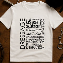 White dressage terminology word cloud print cotton t-shirt, front view equestrian ballet tee