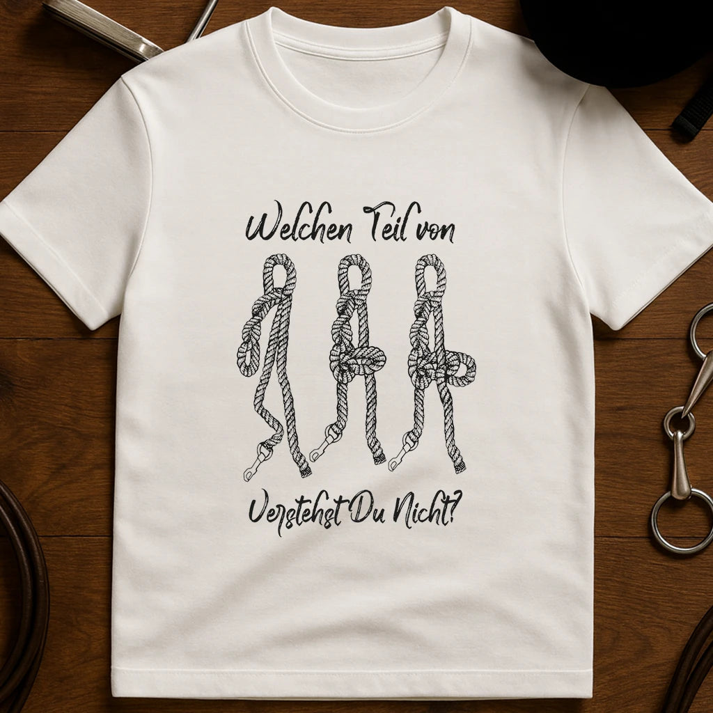 White equestrian rope knot print cotton t-shirt with German "Welchen Teil von" text, front view casual horse tee