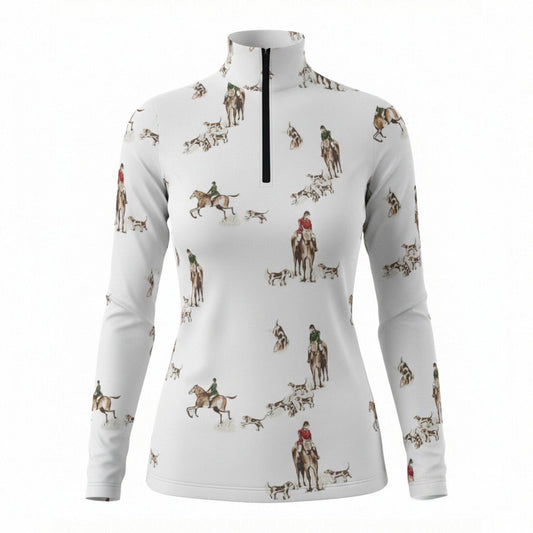 White equestrian fox hunt scene art print long sleeve zip top, front view slim fit riding top