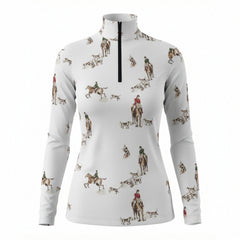 White equestrian fox hunt scene art print long sleeve zip top, front view slim fit riding top