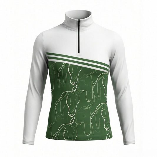 White and green equine line art stripe art print long sleeve zip top, front view slim fit riding top