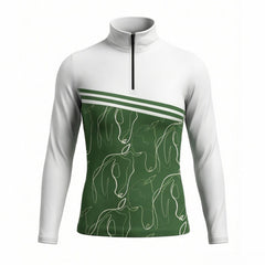 White and green equine line art stripe art print long sleeve zip top, front view slim fit riding top