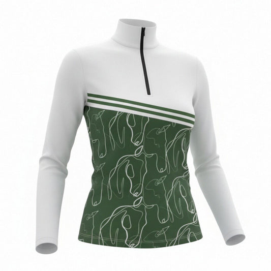 White and green equine line art stripe art print long sleeve zip top, side view slim fit riding top