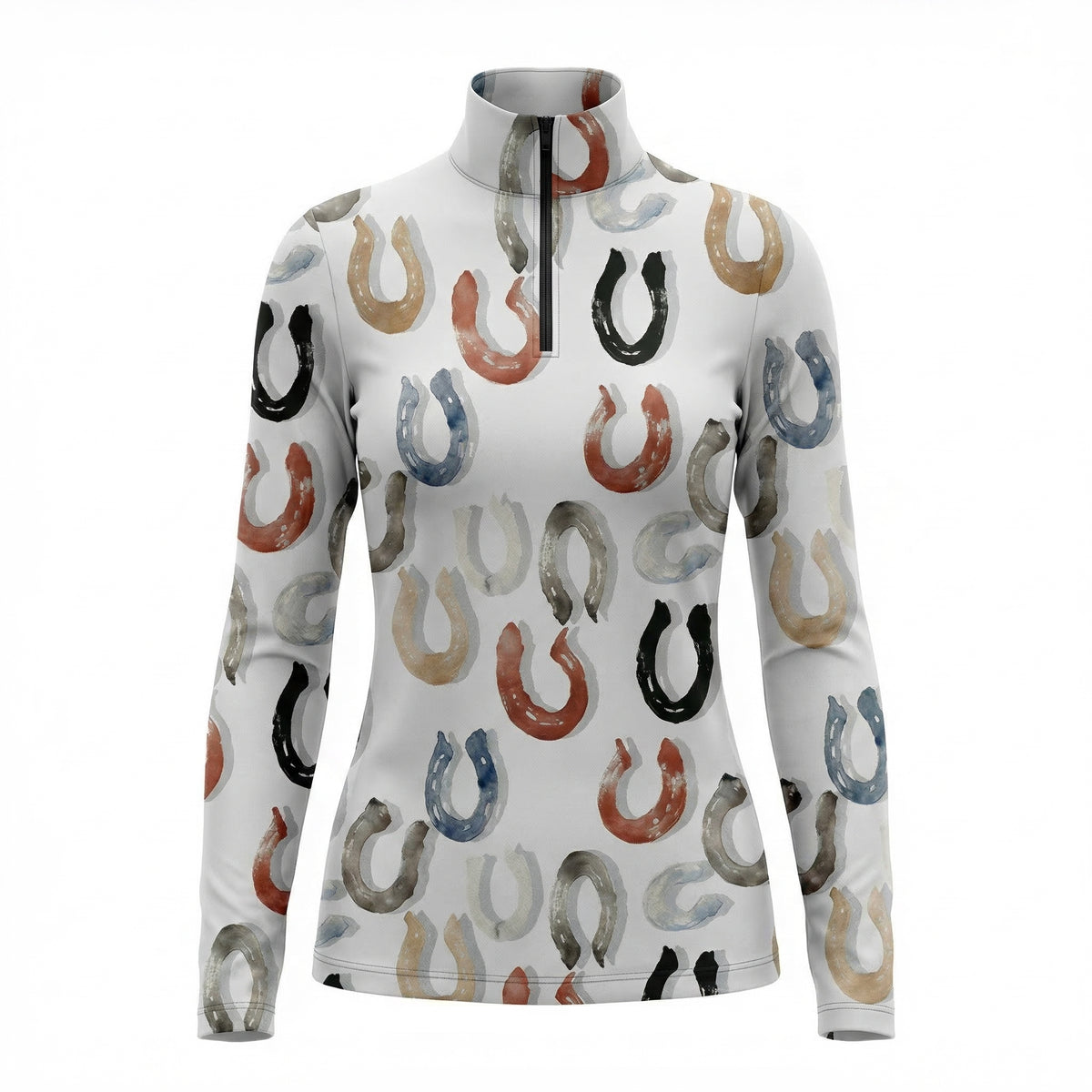 White watercolor horseshoe equestrian quarter-zip top, front view isolated on white background
