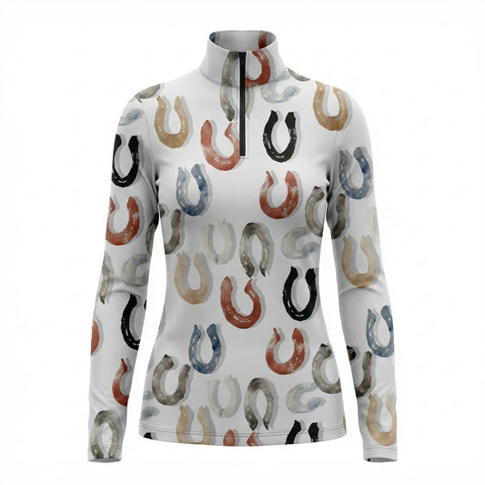White watercolor horseshoe equestrian quarter-zip top, front view isolated on white background
