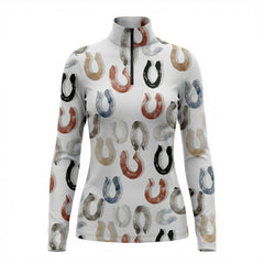 White watercolor horseshoe equestrian quarter-zip top, front view isolated on white background
