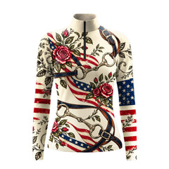 Cream long sleeve quarter zip riding top with printed red roses, snaffle bits and distressed American flag artwork