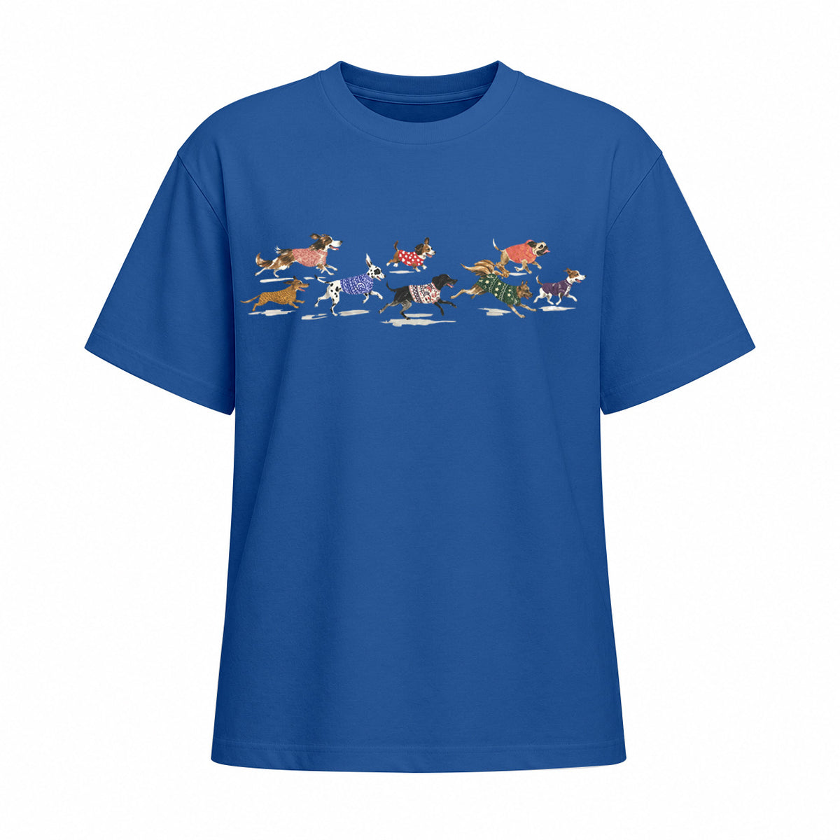 Blue short sleeve cotton T shirt with running dogs chest print