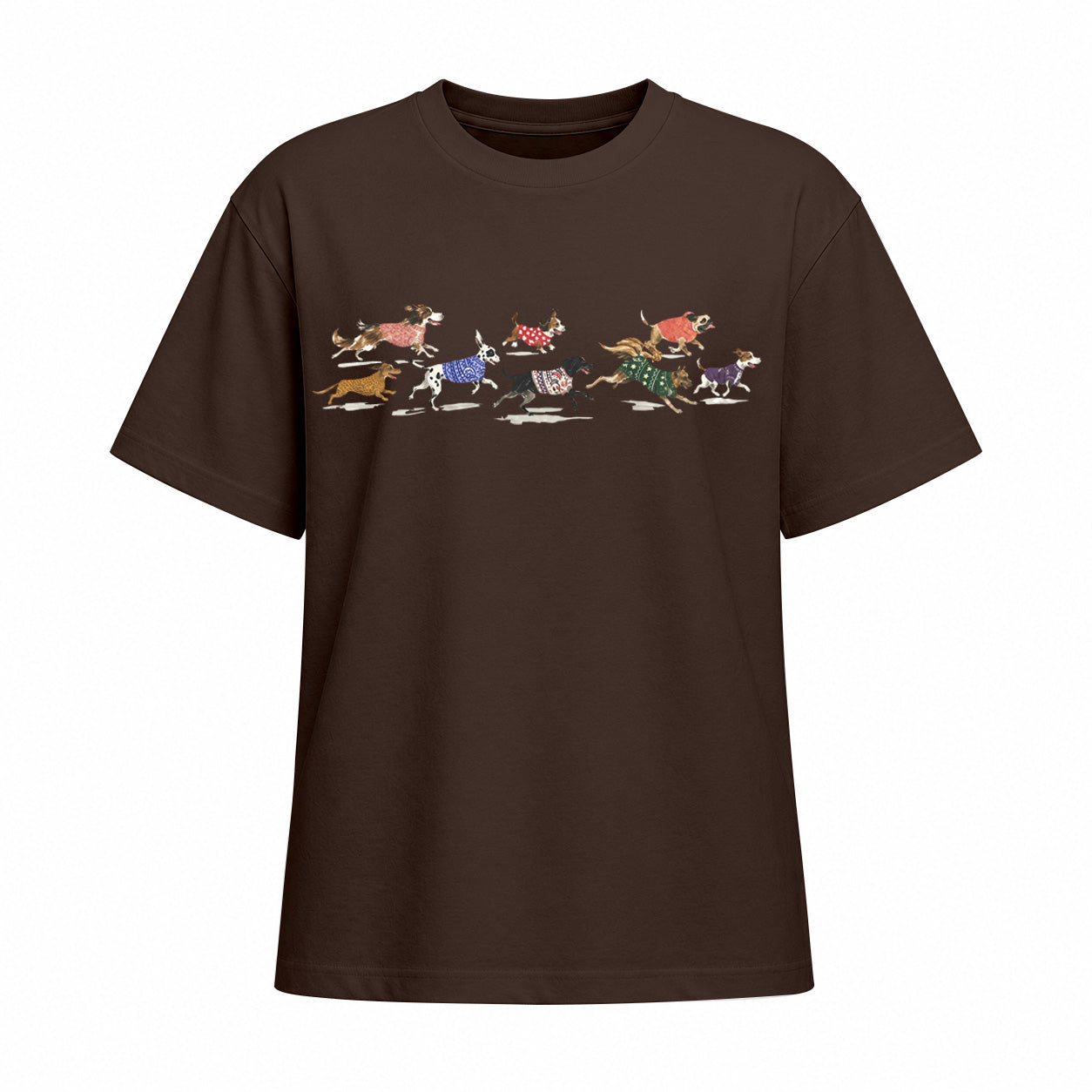 Chocolate brown short sleeve cotton T shirt with running dogs chest print