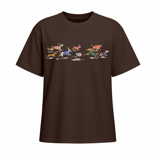 Chocolate brown short sleeve cotton T shirt with running dogs chest print