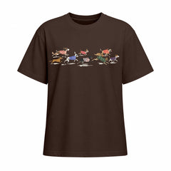 Chocolate brown short sleeve cotton T shirt with running dogs chest print