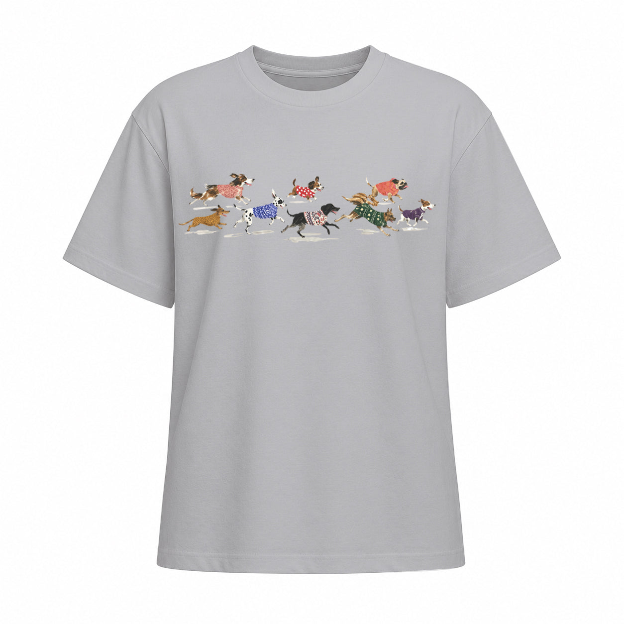 Light grey short sleeve cotton T shirt with running dogs chest print