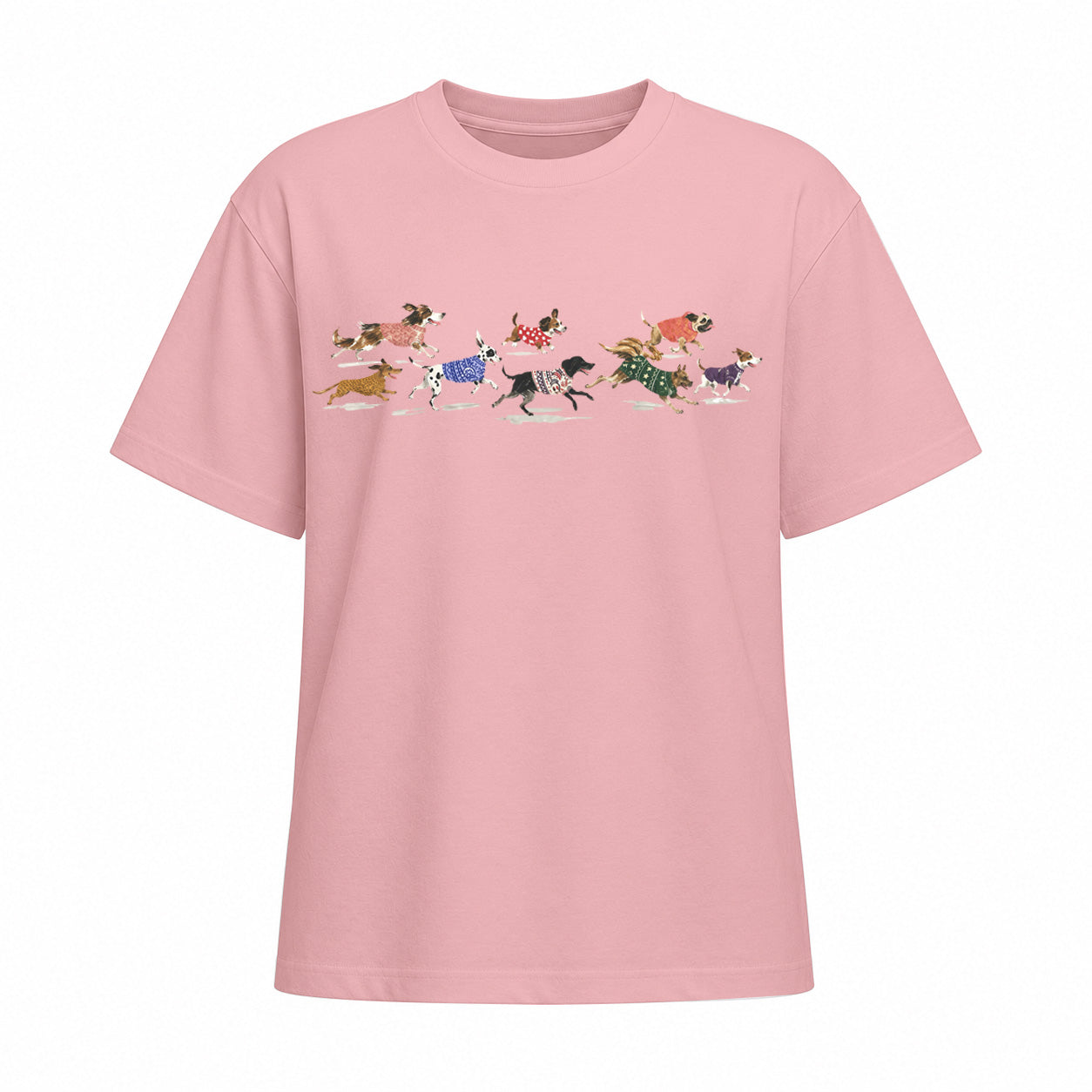 Light pink short sleeve cotton T shirt with running dogs chest print